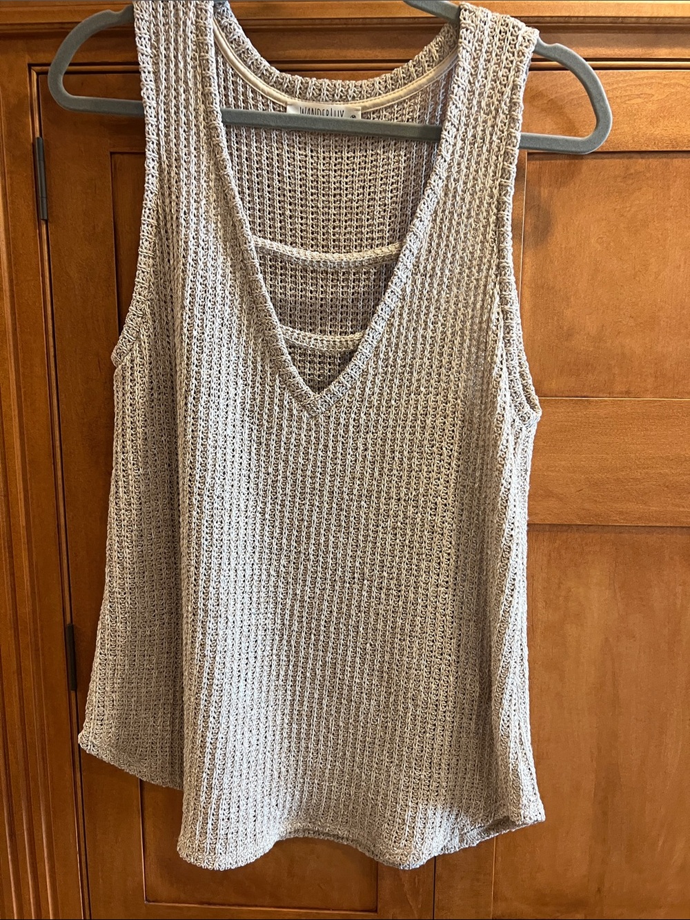 Light Taupe Knit V-Neck Tank Top with Strappy Back